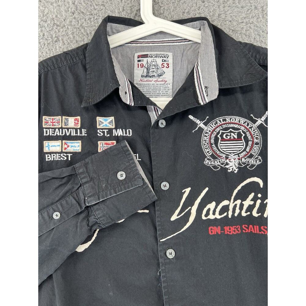 Geographical Norway Mens Large Button Down Shirt Black Stitched Patches Cotton‎